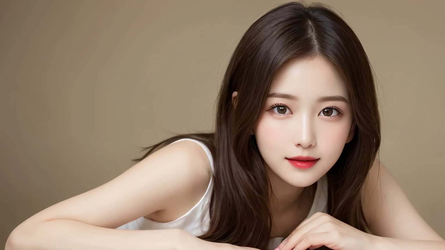 on the table, best quality, shape, Ultra Detailed, Finely, high resolution, 8k wallpaper, 完璧なダイナミックな構shape, Beautiful and delicate eyes, Medium Length Hair, Small Breasts, Natural lipstick, Casual sexy pose,Smile,20 year old girl、midnight、Beautiful and detailed face、Perfect beautiful face,big eyes、original photo、Use the whole body to express the feminine posture、Beautiful and delicate eyes、Small face、Beautiful duplex、Facelift and style,skirt、Beautiful golden ratio face,Long hair