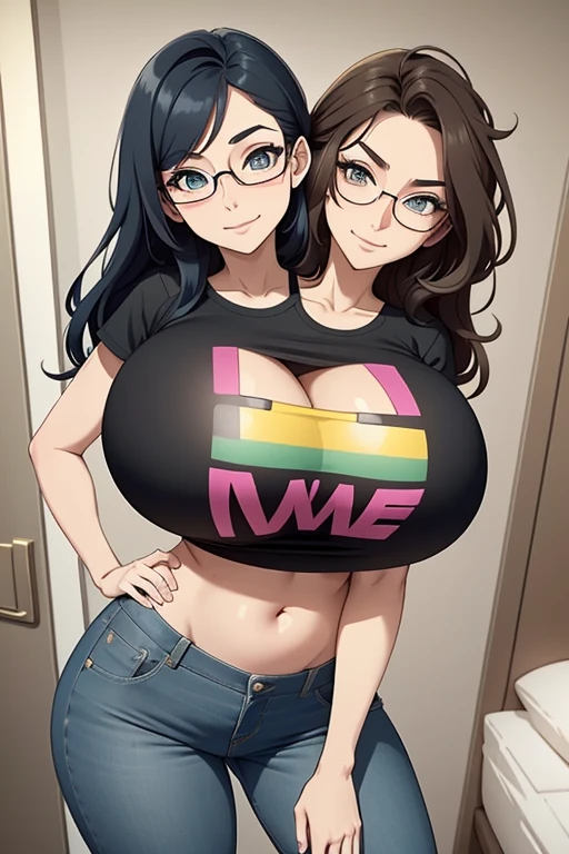 2 heads, a short thin woman with 2 heads. Extremely huge breasts. In a bedroom. Wearing a colorful belly shirt with a graphic on it. Wearing jeans. Young. Happy. Thin face. Seductive eyes. Long messy hair. Sexy. Smiling. Gigantic breasts. Nerdy, sexy nerd appearance. Deep cleavage. Hard nipples under shirt. Gigantic round breasts. Enormous fake round breasts. Giant circular breasts. Selfie POV, taking a selfie.