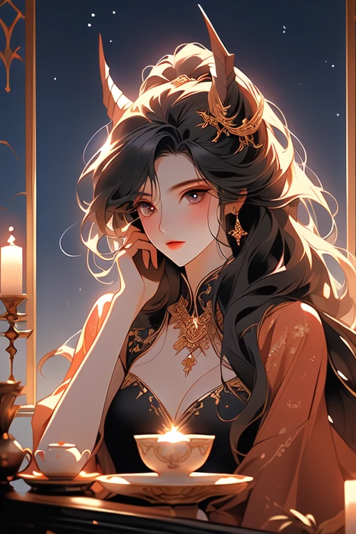 Night, melancholic succubus, seated gracefully at a tea table atop her towering citadel. She gazes pensively across the vast desert expanse below. The scene is bathed in a surreal, ethereal red glow, with shadows dancing around her in the soft, golden light. The tea table with delicate porcelain cups and steaming teapot, wisps of mist curl lazily. Her skin is porcelain, her hair is midnight black, taloned fingers, small demonic wings, demonic tail.