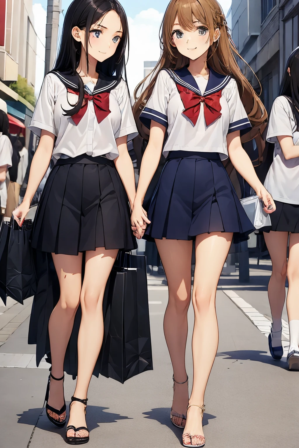 Shopping Street、Two high school girls kissing、seductive smile、Toes