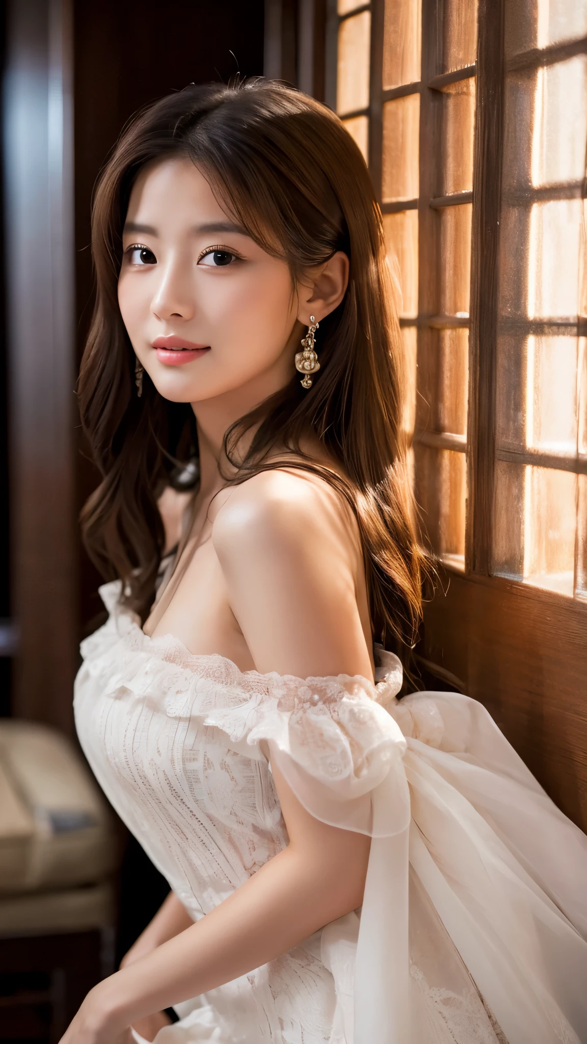 best quality、masterpiece、Ultra-high resolution（as real as a photo：1.4)、pretty Woman&#39;s Face、A Japanese woman in her 30s、Blouson halF-taken oFF、Fitted sweater、Famous Japanese actress、so beautiFul、Movie、35mm lens、F/1.8、Accent Lighting、8k