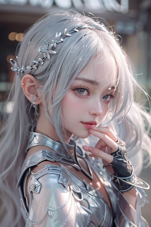 (masterpiece:1.3), (8k, Photorealistic, Raw photo, Best image quality: 1.4), Fair-skinned fairy woman、Long Haircut、Cleavage:2.0、Super detailed face、Attention to detail、double eyelid、Put your chest together、Sharp focus:1.2、Beautiful woman:1.4、Silvery white hair、highest quality、masterpiece、超A high resolution、(Photorealistic:1.4)、Highly detailed and professionally lit smile、Loose, light, futuristic clothing、Shoulder out、thin、Serious expression、Short-haired、Deadly position, gorgeous accessories 