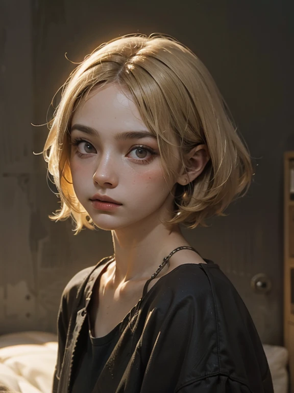 20-year-old woman, blonde, (High Top Fade:1.3), Dark Theme, Calm tone, Calm colors, High Contrast, (Natural skin texture, Hyperrealism, Soft Light, sharp)
