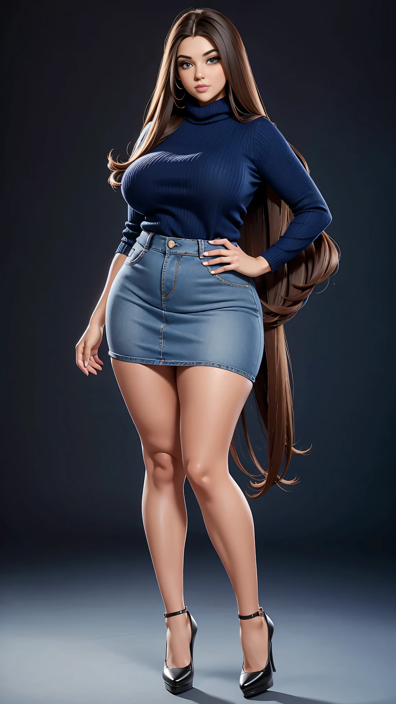 Full body shot of 1 beautiful woman, adult, large body, voluptuous woman, (very long straight hair),( brunette hair), outlined eyelids, made-up eyelids,  turtleneck sweater,  scarf, neckline, (blue mini denim skirt),  tempting , dreaming, curvy hourglass figure, oppai proportion, tight skirt , tall, tall, long legs