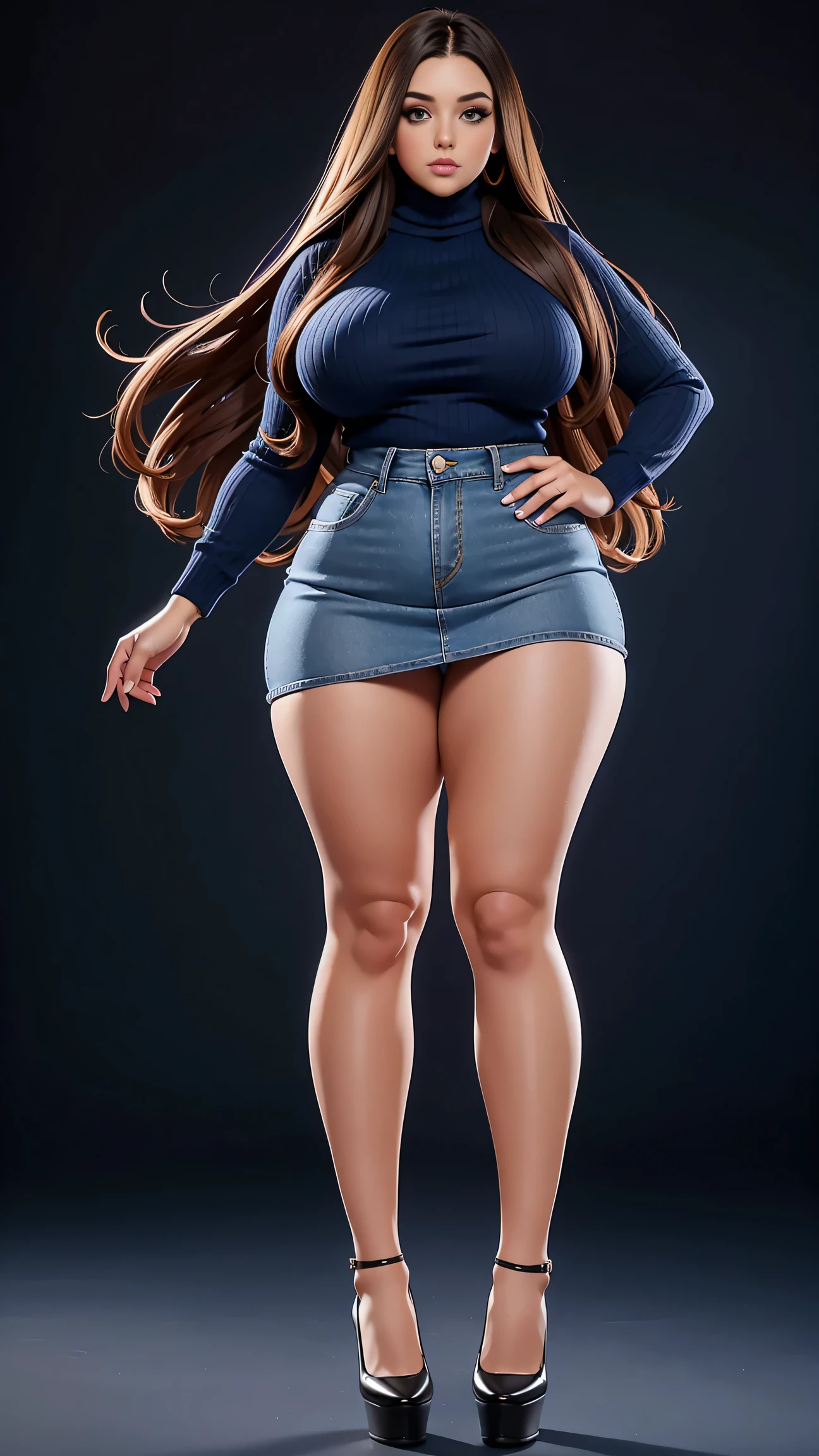 Full body shot of 1 beautiful woman, adult, large body, voluptuous woman, (very long straight hair),( brunette hair), outlined eyelids, made-up eyelids,  turtleneck sweater,  scarf, neckline, (blue mini denim skirt),  tempting , dreaming, curvy hourglass figure, oppai proportion, tight skirt , tall, tall, long legs