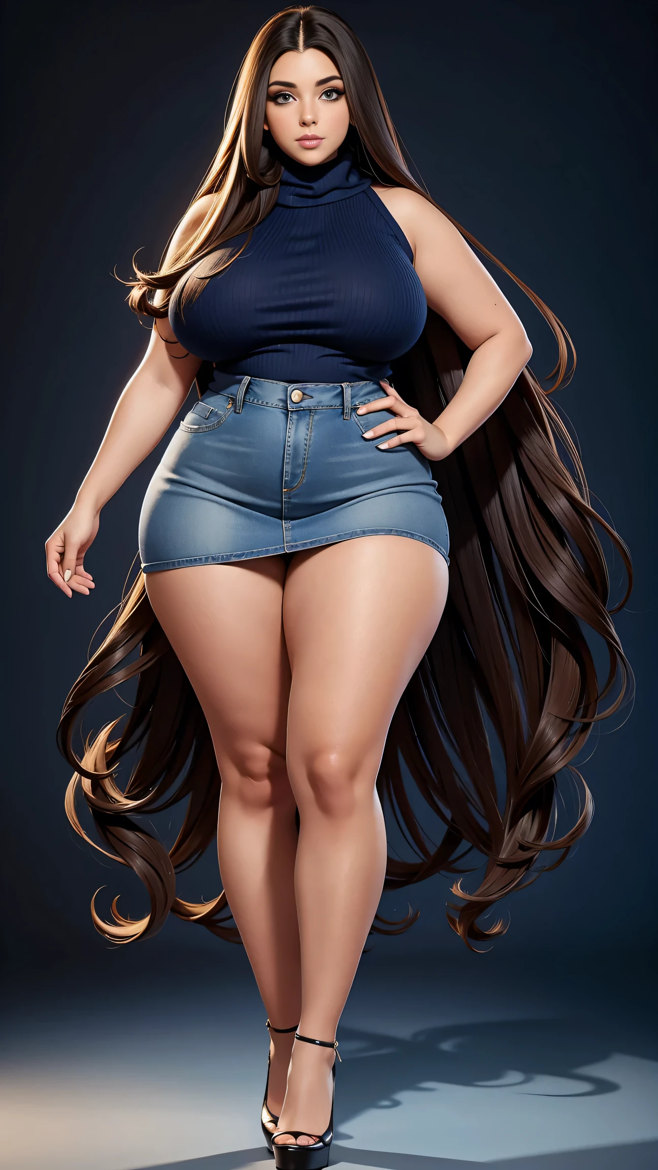 Full body shot of 1 beautiful woman, adult, large body, voluptuous woman, (very long straight hair),( brunette hair), outlined eyelids, made-up eyelids,  turtleneck sweater,  scarf, neckline, (blue mini denim skirt),  tempting , dreaming, curvy hourglass figure, oppai proportion, tight skirt , tall, tall, long legs