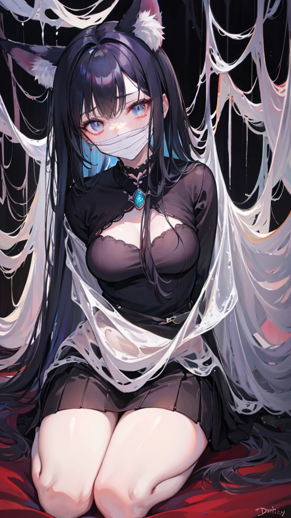 Fox ears,From the ceiling, Dim Lights, Dark atmosphere, Oil painting style, Vibrant colors, Passionate. (best quality, high resolution, Super detailed, actual:1.2), net, Trapped, Exquisite facial features, Black long hair,fear in her eyes. Half of the body is exposed,(gag:1.4),