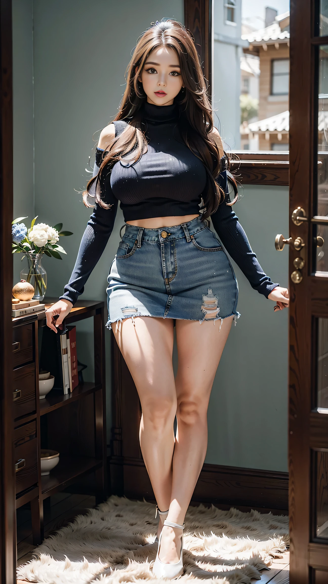 Full body shot of 1 beautiful woman, adult, large body, voluptuous woman, (very long straight hair),( brunette hair), outlined eyelids, made-up eyelids, turtleneck sweater, scarf, neckline, (blue mini denim skirt), tempting , dreaming, curvy hourglass figure, oppai proportion, tight skirt , tall, tall, long legs