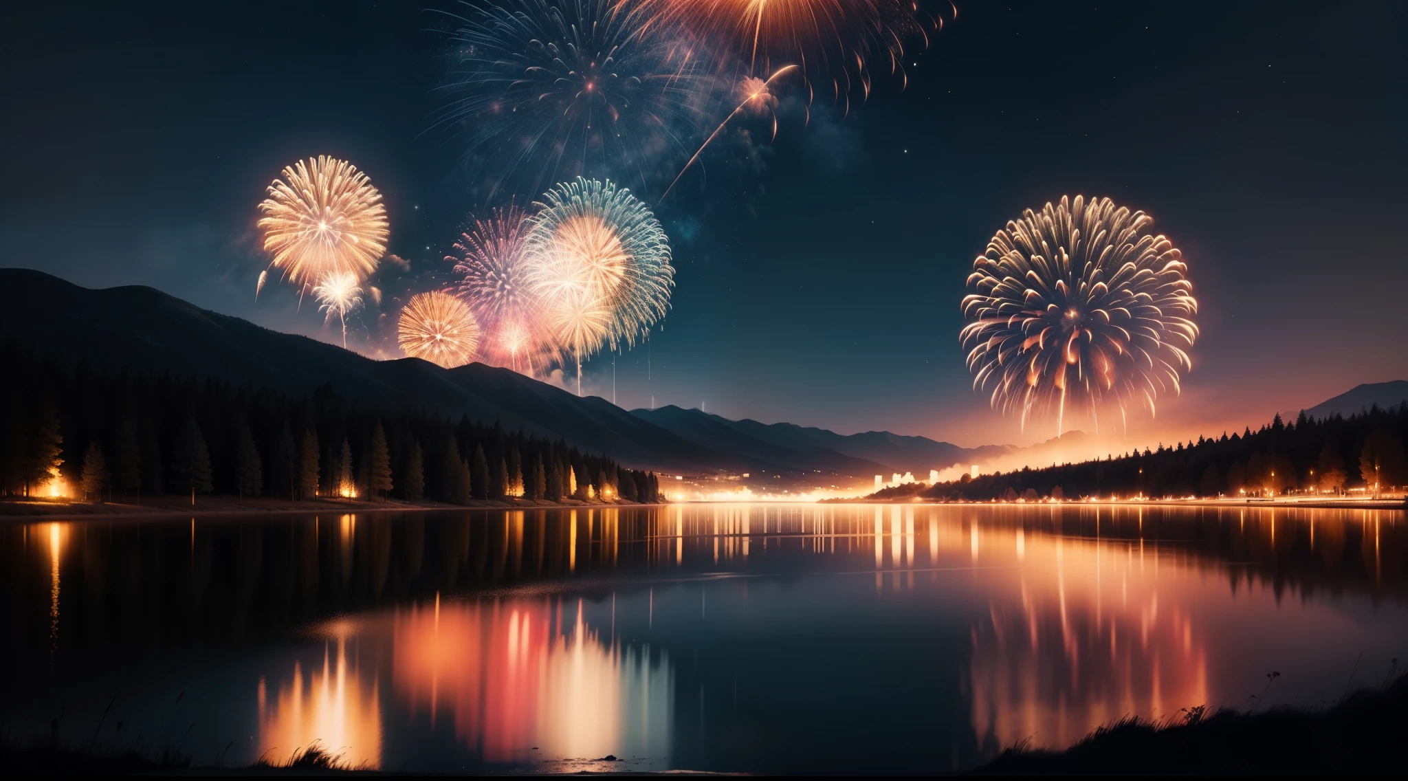Amazing fireworks,Night Sky,full moon,no man,live streaming background、lake、masterpiece