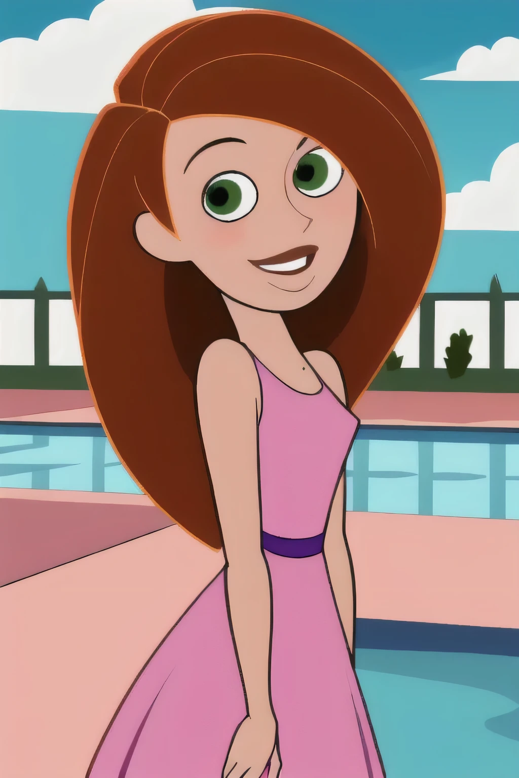 (masterpiece, best quality:1.3), 1girl, looking at viewer, kimberly ann possible, parted lips, upper body, standing, collarbone, bare shoulders, blush, colored skin, orange hair, long hair, absurdly long hair, green eyes, medium breasts, (skindentation:1.2), short pink dress, (pink dress:1.2), loose clothes, sleeveless, blue sky, clouds, mansion, swimming pool, smile
