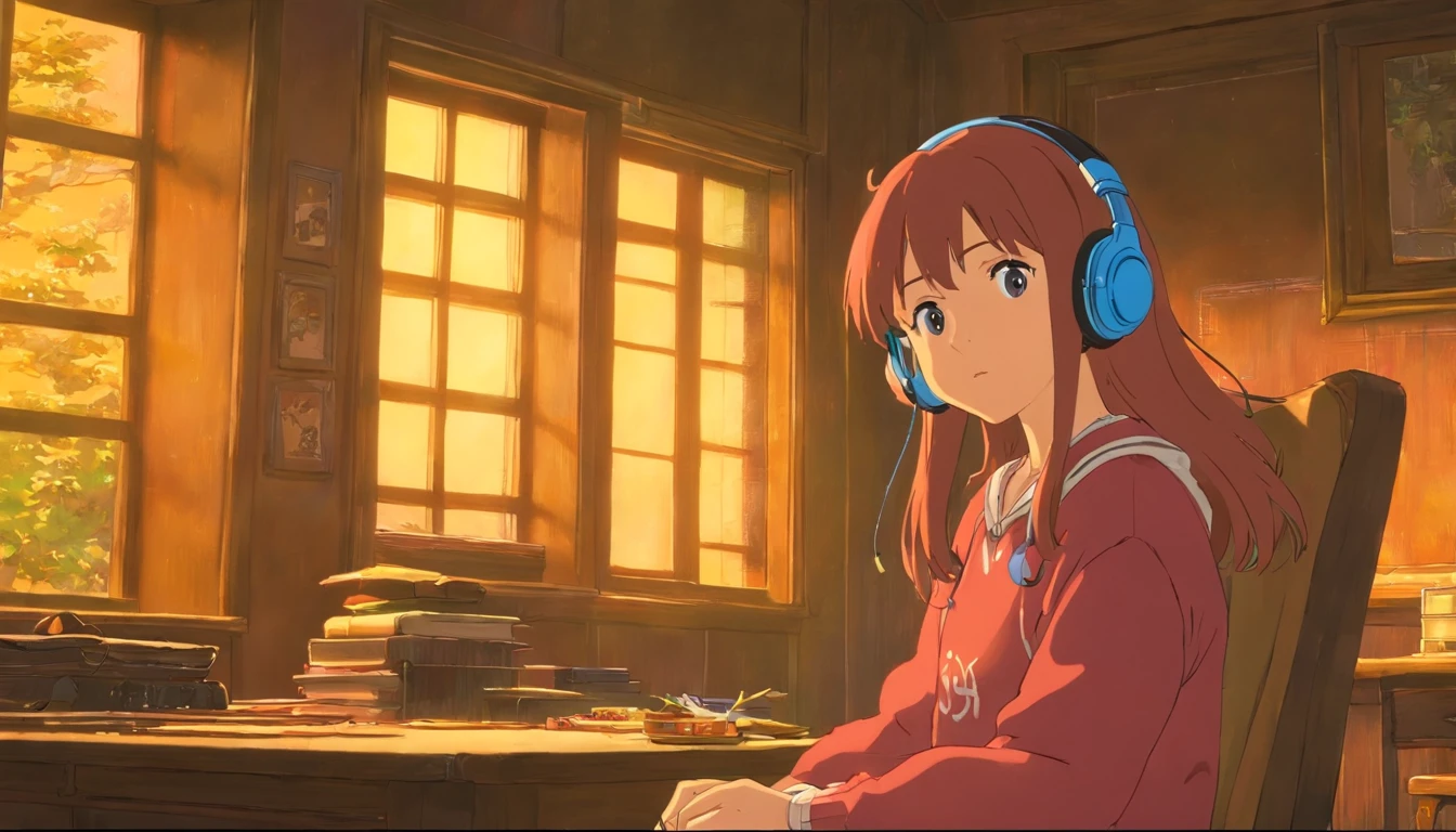 masterpiece, highest quality, Movie stills, chili, Warm and soft lighting in the middle of the night, Late Night、Old Scandinavian Room、Large windows、It&#39;s raining outside、Painting、(High school girl wearing headphones:1.3)、sitting on a chair listening to music、profile