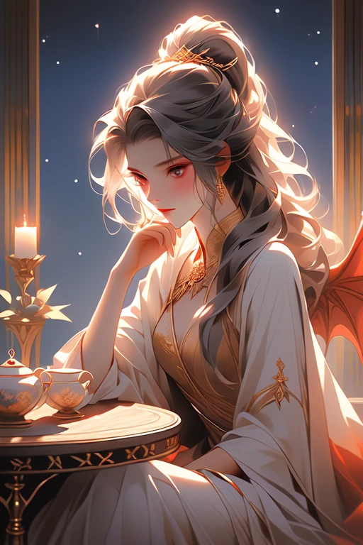 Night, melancholic succubus, seated gracefully at a tea table atop her towering citadel. She gazes pensively across the vast desert expanse below. The scene is bathed in a surreal, ethereal red glow, with shadows dancing around her in the soft, golden light. The tea table with delicate porcelain cups and steaming teapot, wisps of mist curl lazily. Her skin is porcelain, her hair is midnight black, taloned fingers, small demonic wings, demonic tail. Dark robes, silver circlet.