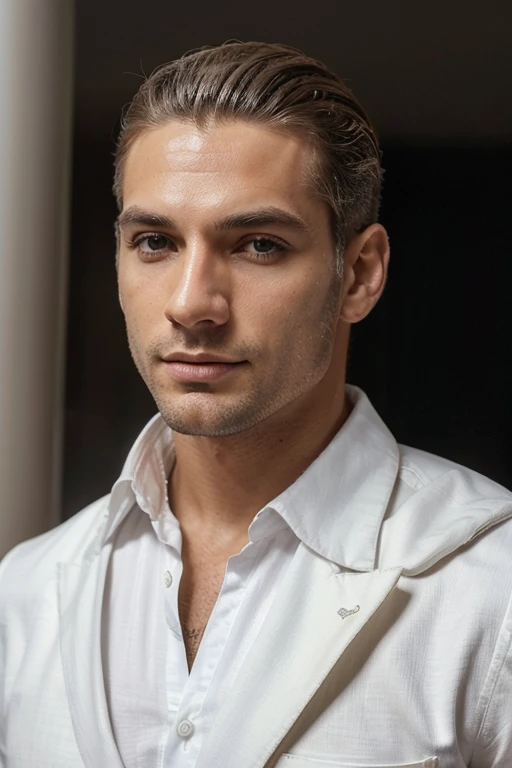 ((melhor qualidade)), ((fotorealista)), (detalhado), rosto masculino, campanha de moda, corpo inteiro, homem branco, perfil europeu, cabelos escuros e olhos castanhos, vestindo roupa elegante, noite, sky, escuro.
