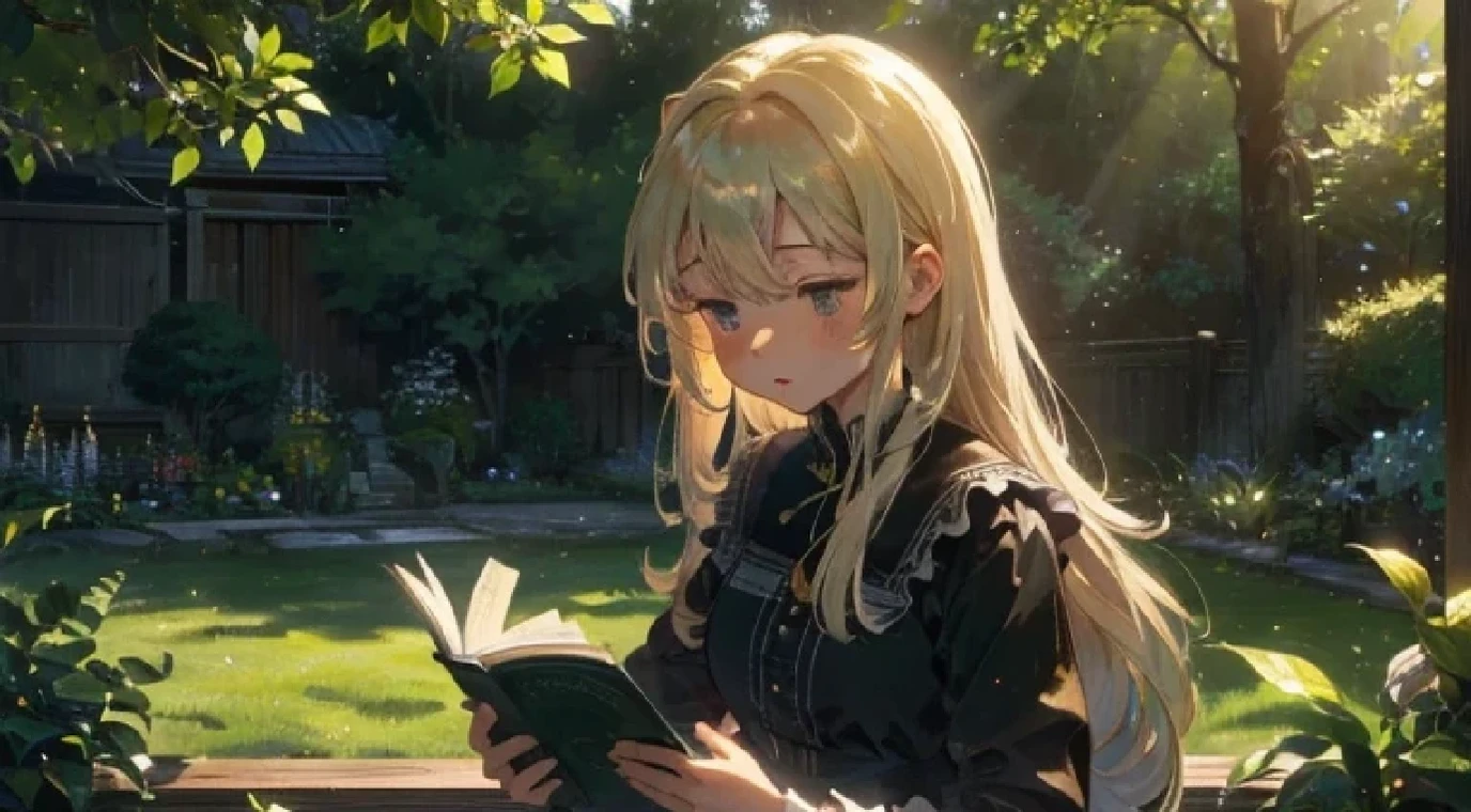 (Very detailed CG Unity 8k wallpaper, masterpiece, highest quality, Very detailed), (Best lighting, Best Shadow, Very delicate and beautiful), garden, Lush greenery, Sunlight shining, Depth of written boundary, Warm and cozy atmosphere,woman、reading