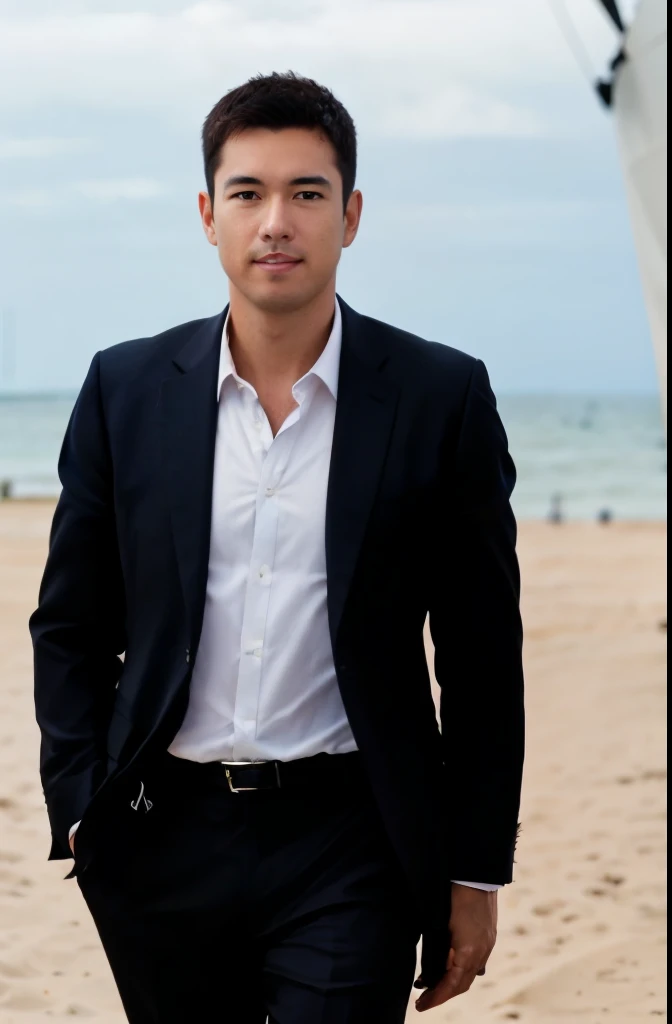 average build man , on a sandy beach near the sea , Dressed in a business suit, There are a lot of people on the beach , a yacht can be seen in the background