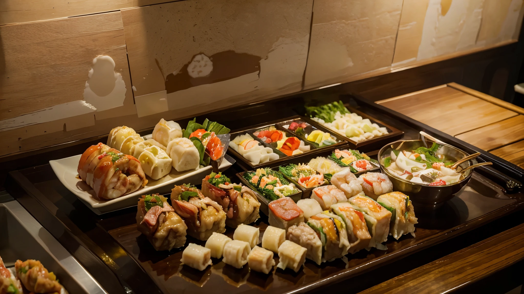 It is a table of gourmet food, long wooden tables, multi-course cuisine, fried rice, grilled meat, mashed potatoes, fruit, fish, wine, hot, lamb chops, sushi, delicious, mouth-watering, delicious, artistic lighting.