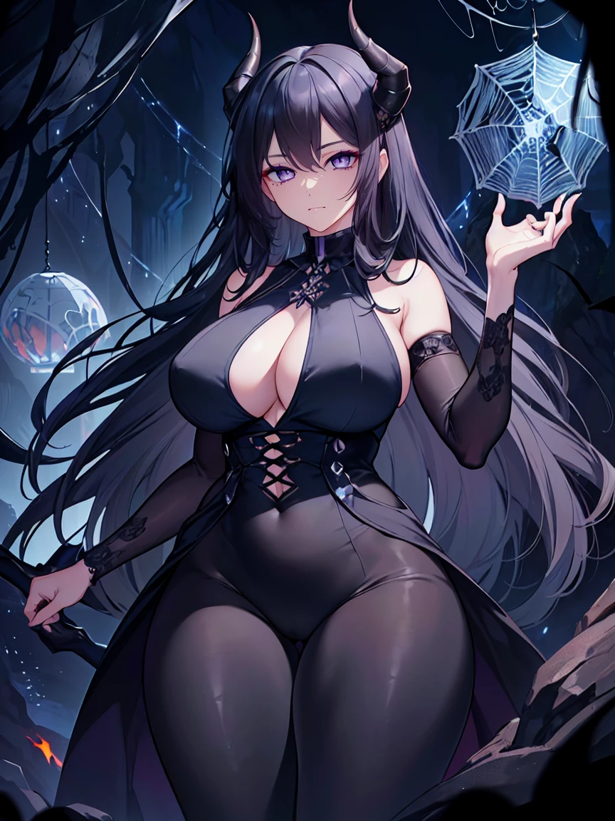 (Uhd, Masterpiece, Textured Skin, Super Detail, High Details, High Quality, Best Quality), Detailed Face, 1woman, mature pretty woman, ((wide hips, thick thighs)), ((Long Dark Blue eyes hair)), ((Black Sexy Rpg dress), (Pants), (Spider, Web, Silk), (Oni Horns), (inside a dark cave full of cobwebs), (Imposing pose)