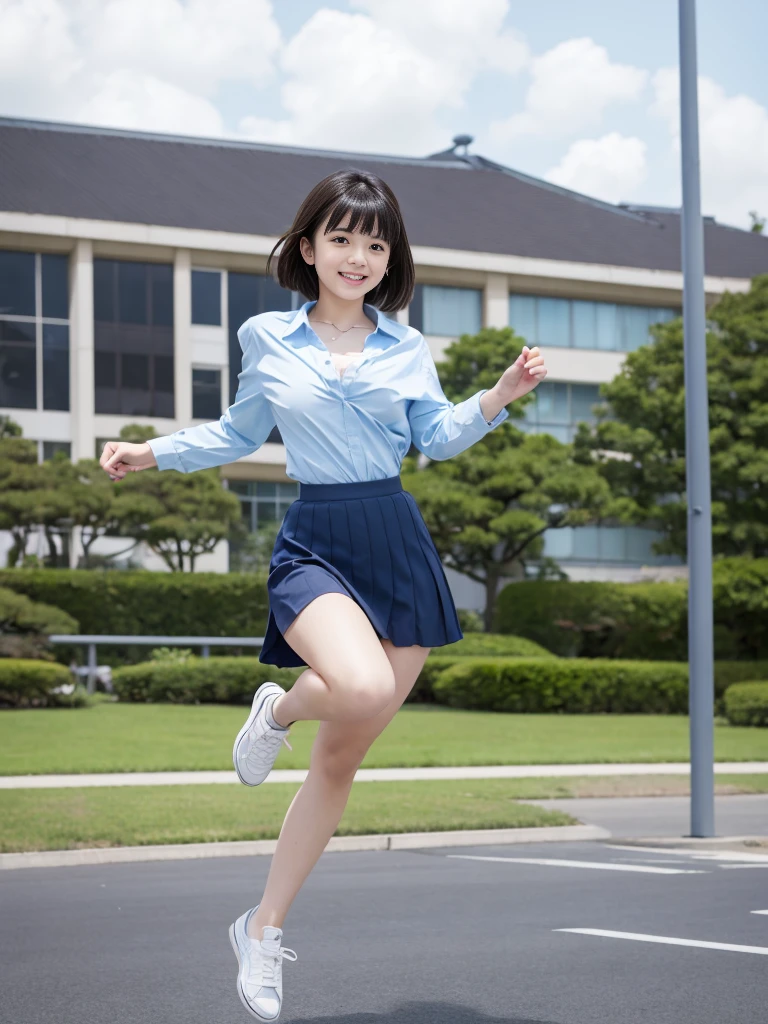 Japan girls, Japan, 18 year old girls, short hair, black hair, brown eyes, small breasts, perfect figure, perfect skin, , light blue shirt, navy blue skirt, underwear, Panty shot, sneakers, feeling jumping and bouncing happily, jumping, schoolyard,