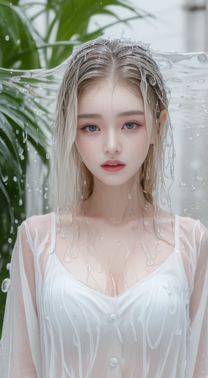 ((highest quality, 8k, masterpiece:1.3)), Beautiful woman with perfect figure:1.4, Protruding cleavage:1.5, (Perfect breasts:1.2), (Wet clothes:1.5) , Bandeau:1.4, Detailed eyes, double eyelid，Snow-white skin，Long white hair