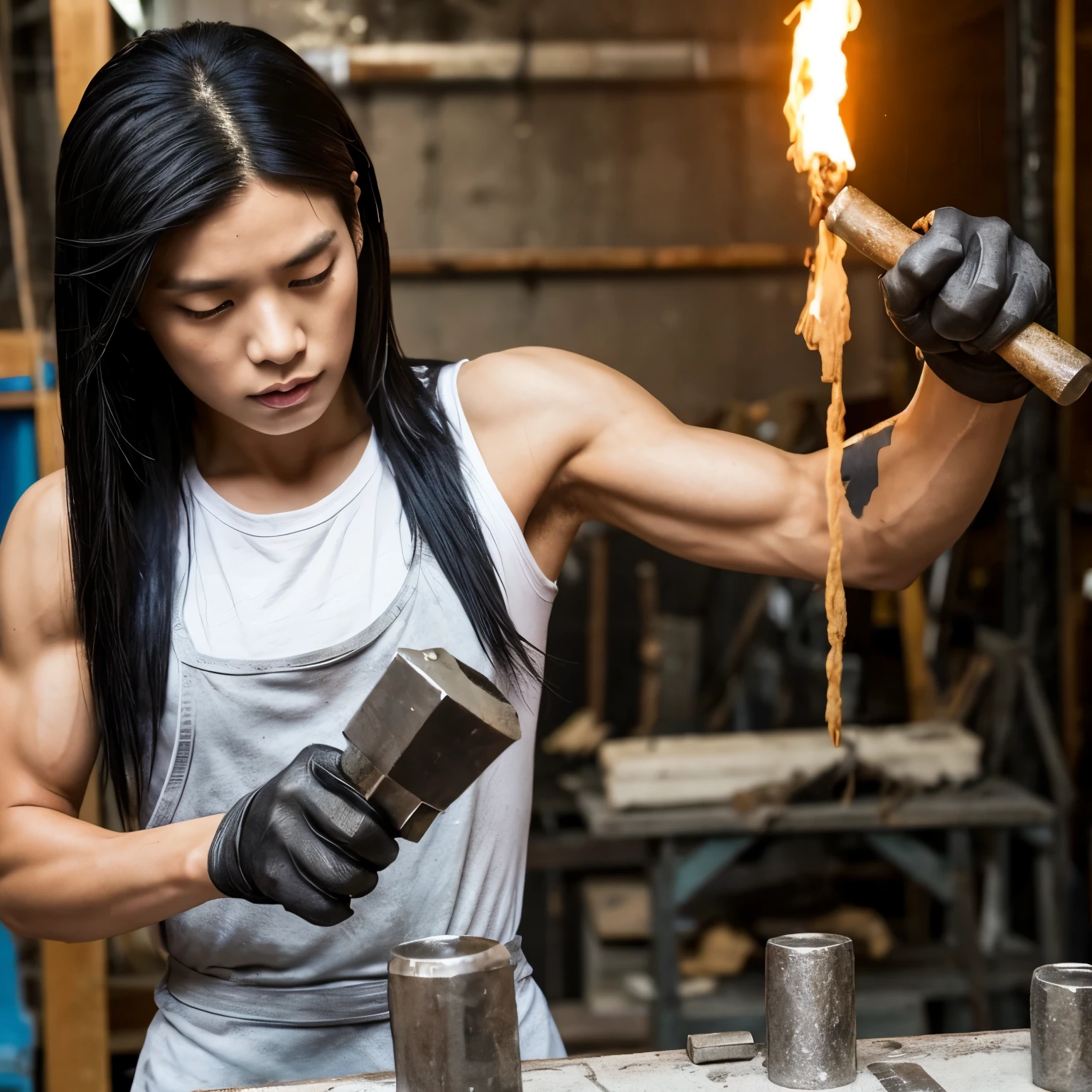 boy、Muscle々、Long black hair tied up、Sweating、sculptor、Making a sculpture、have a hammer and nails、focusing