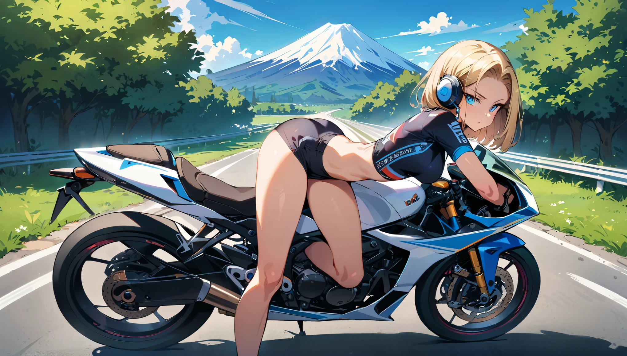 (masterpiece, best quality:1.2), frontal full body shot of Android 18 from Dragon Ball, sitting on the saddle with her buttocks on the bike seat, riding a white road bike with a striped aerodynamic frame and white thin tires on a paved road, slender feminine figure in cycling pose, torso leaning forward over the low handlebars grasping the handles, one leg extended, facing camera, narrow waistline, (white over-ear headphones must be worn), short blonde hair, blue eyes, earrings on earlobes, black cycling jersey, black cycling shorts hugging her toned thighs, white cycling shoes clipped into the white lightweight pedals, surrounded by lush green trees and foliage lining the paved road, sunlight filtering through leaves, with Mount Fuji visible in the distance, 4K