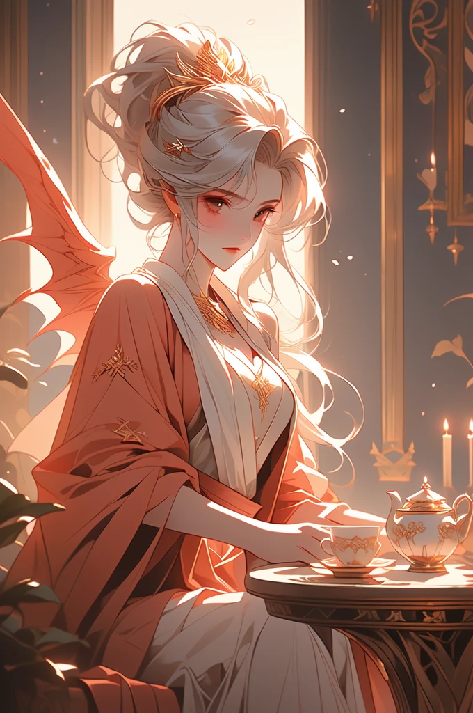 Night, melancholic succubus, seated gracefully at a tea table atop her towering citadel. She gazes pensively across the vast desert expanse below. The scene is bathed in a surreal, ethereal red glow, with shadows dancing around her in the soft, golden light. The tea table with delicate porcelain cups and steaming teapot, wisps of mist curl lazily. Her skin is porcelain, her hair is midnight black, taloned fingers, small demonic wings, demonic tail. Dark robes, silver circlet.