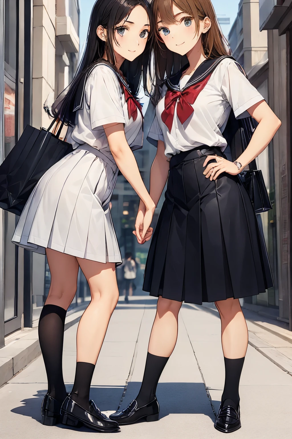Shopping Street、Two high school girls kissing、seductive smile、Loafer leather shoes