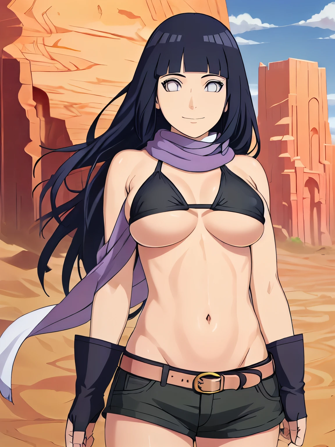 (hinata\(boruto\), (high quality, anime, heroine, gorgeous smile, slim body), ((black cotton bikini top)), ((fingerless gloves, black shorts with belt, black scarf)), (looking at the camera, curvy body, (very slim belly), extremely slim waist, off-shoulders, (medium-big breasts, visible under boobs), slim arms, little biceps, groin lines, little biceps, smile with closed mouth), (posing in photoshoot), pale skin, ((floating hair, dark blue, long hair, hime cut، loose hair), (location: desert with buildings)
