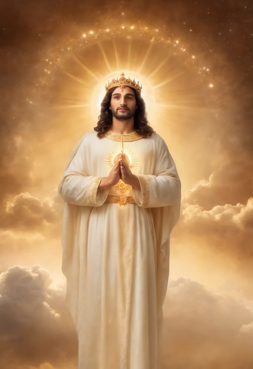A heavenly representation of God, manifestando-se como uma figura masculina de grande poder e bondade. God is portrayed as an imposing being, with an aura of golden light emanating from His divine presence. Its shape is robust and majestic, with traits that reflect wisdom and authority. He is wrapped in a cloak of heavenly light, cujas dobras sugerem a profundidade de Seu amor e cuidado por toda a humanidade. The background of the image is a celestial scene, with bright stars and ethereal clouds, evocando a magnitude do cosmos sobre o qual Ele governa. God's expression is serene and welcoming, transmitting a feeling of peace and protection to those who contemplate Him. Esta imagem personifica a figura paterna de Deus, inspiring awe and confidence in His divine power.