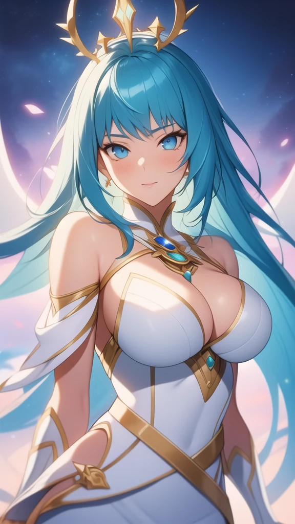 a woman with blue hair and a white dress is posing, extremely detailed artgerm, anime goddess, as seen on artgerm, ((a beautiful fantasy empress)), ig model | artgerm, ! dream artgerm, a beautiful fantasy empress, artgerm and rossdraws, astral fairy, artgerm style, style artgerm