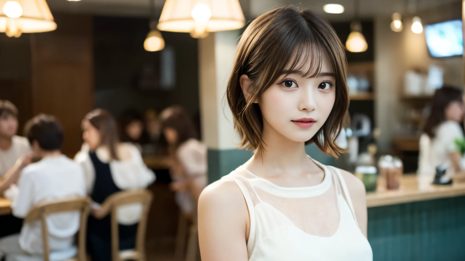 super high quality, Short Hair, Slender, Gravure photoshoot, The staff is working at the counter in the back., (8k、RAW Photos、highest quality、masterpiece:1.2), Japanese Idol, Shaggy, Sportswear, Stylish café, (Realistic、Photorealistic:1.37), Mesh Hair, Normal chest, Urban Cafe, Golden Ratio, Raw photo, Cute face , Light Brown Hair, Bright cafe interior, Blurred Background, Spring Clothes, A sweet expression, Watching the audience, Beautiful hairstyle, 20-year-old, Hair blowing in the wind, Neat clothes,