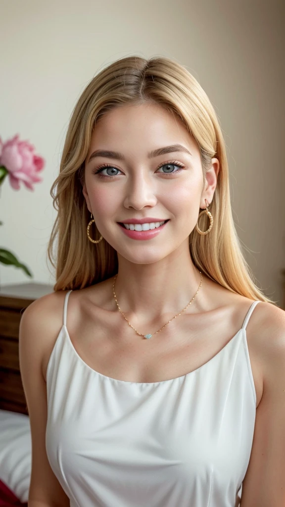 1 25 years old beautiful woman with casual cute hairstyle, A photo of her with a lot of blooming peonies in the background, Real raw photo with super detailed details, (Beautiful smooth glossy bright blonde hair woman), A very beautiful bright blonde woman, She blushes and laughs with love, Her face is turned upwards, (Well-cared for beautiful bright blonde hair), 16K Ultra Realistic Portrait taken in super wide angle, She is slim figure top model and famous movie actress, (She has very fine smooth and white skin), Breast enhancement, ((((1 European bright blonde woman)))), (The bright blonde eyebrows are slightly rounded shape), She has bittersweet feeling, Droopy eyes are moist and super thinly opened, Eyes drawn with precision in every detail, Form a gentle curve from cheek to chin, Her thick plump and shiny big lips are half-opened, A person in the center left and right:1.0, The whole head is shown, She is wearing dark colored blouse and simple earrings and a simple necklace, Perfect natural makeup, Professional lighting like movies in her bedroom