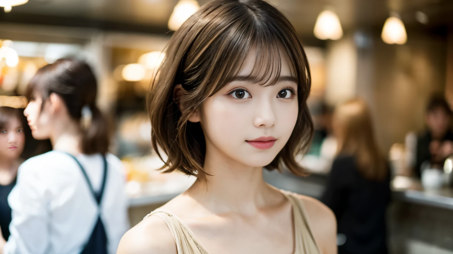 super high quality, Short Hair, Slender, Gravure photoshoot, The staff is working at the counter in the back., (8k、RAW Photos、highest quality、masterpiece:1.2), Japanese Idol, Shaggy, Sportswear, Stylish café, (Realistic、Photorealistic:1.37), Mesh Hair, Normal chest, Urban Cafe, Golden Ratio, Raw photo, Cute face , Light Brown Hair, Bright cafe interior, Blurred Background, Spring Clothes, A sweet expression, Watching the audience, Beautiful hairstyle, 20-year-old, Hair blowing in the wind, Neat clothes,