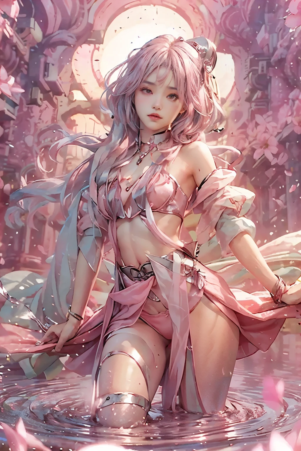 Big watery eyes, (pink silver hair: 1.6), color splash, (solo:1.8), (elegant: 1.2), gorgeous, long hair, wind, (petals: 1.4), ((masterpiece))), ((best quality)), (ultra-detailed), (dynamic angle), (floating), ((loose hair)), ((beautiful detailed face)), collar, bare shoulders,beautiful detailed eyes, (high saturation),The belly button is exposed,Are thin,Slim figure,Flat Chest,Small breasts,Small hips,Small breasts,Microscopic milk,Small waist,16 year old Korean beautiful girl,