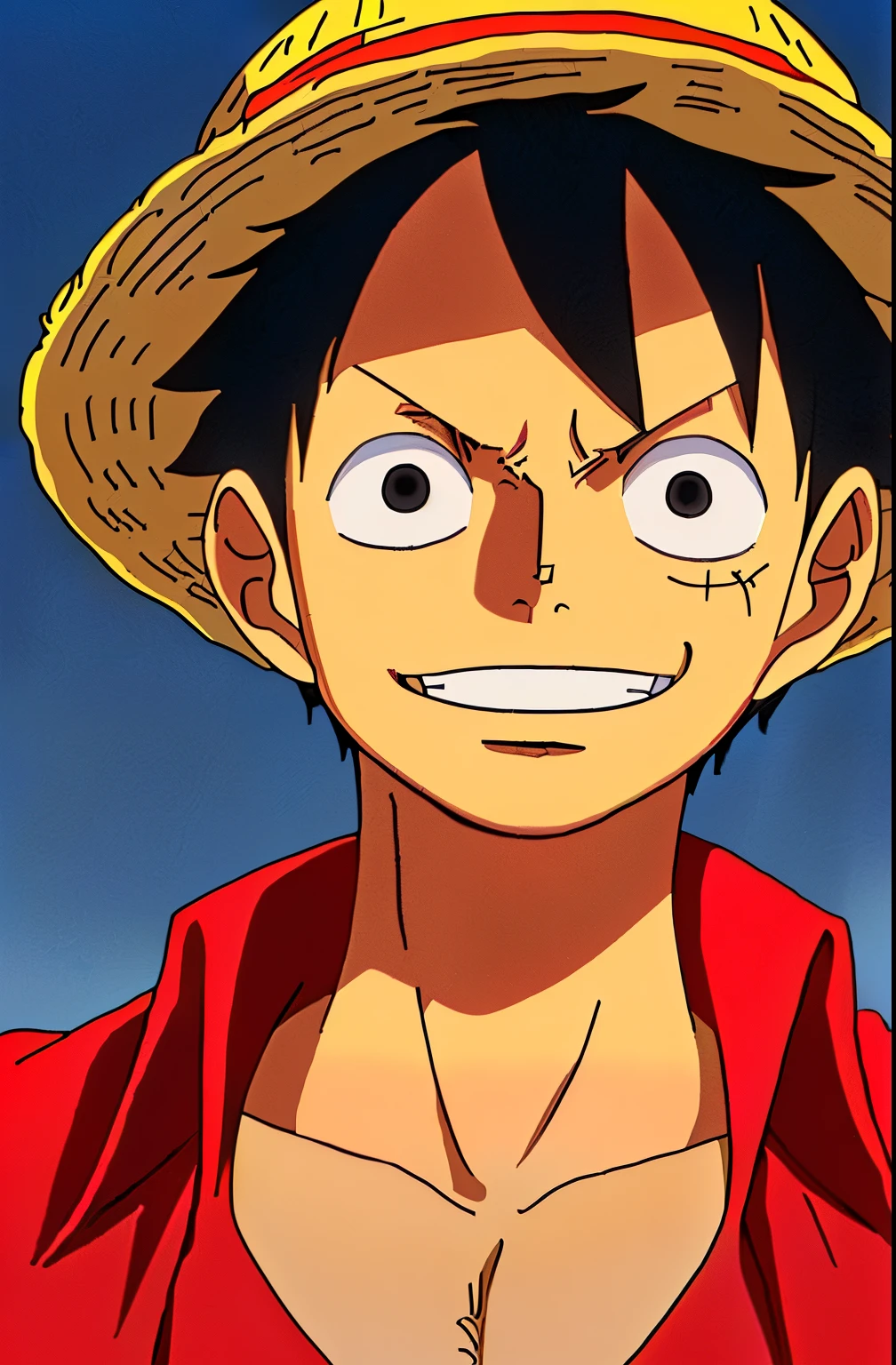 1boy, wanostyle, monkey d luffy, smiling, straw hat, looking at viewer, solo, upper body, ((masterpiece)), (best quality), (extremely detailed), depth of field, sketch, dark intense shadows, sharp focus, soft lighting, hdr, colorful, good composition, fire all around, spectacular, closed shirt, anime screencap, scar under eye, ready to fight, black eyes
