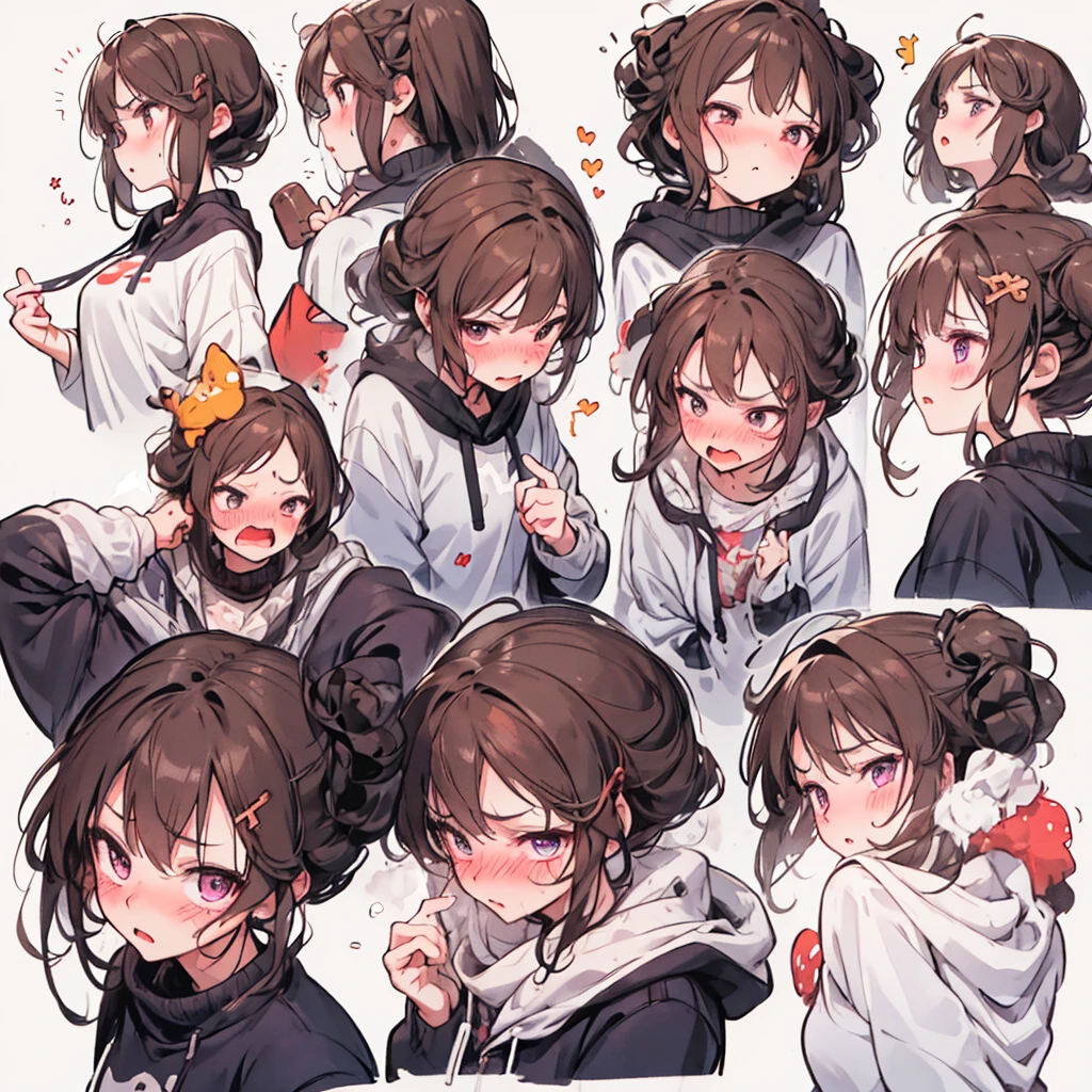（One girl），masterpiece，The best quality at its best，Very beautiful illustration，very cute ，Highly detailed beautiful face，Cleavage close-up，4K，High resolution，Blush Lash，White background，Simple Background，Thick outline，Purple eyeorpheus），Brown Hair，Angry expression，Crying expression，Questioning look，drooling expression，Expressions of laughter，Embarrassed expression，Surprise expression，Embarrassed expression，Indignant look，