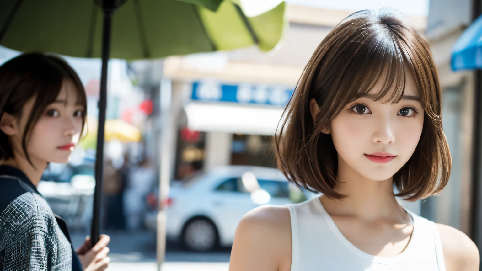 super high quality, Short Hair, Slender, Gravure photoshoot, The staff is working at the counter in the back., (8k、RAW Photos、highest quality、masterpiece:1.2), Japanese Idol, Shaggy, Sportswear, Stylish café, (Realistic、Photorealistic:1.37), Mesh Hair, Normal chest, Urban Cafe, Golden Ratio, Raw photo, Cute face , Light Brown Hair, Bright cafe interior, Blurred Background, Spring Clothes, A sweet expression, Watching the audience, Beautiful hairstyle, 20-year-old, Hair blowing in the wind, Neat clothes, 
