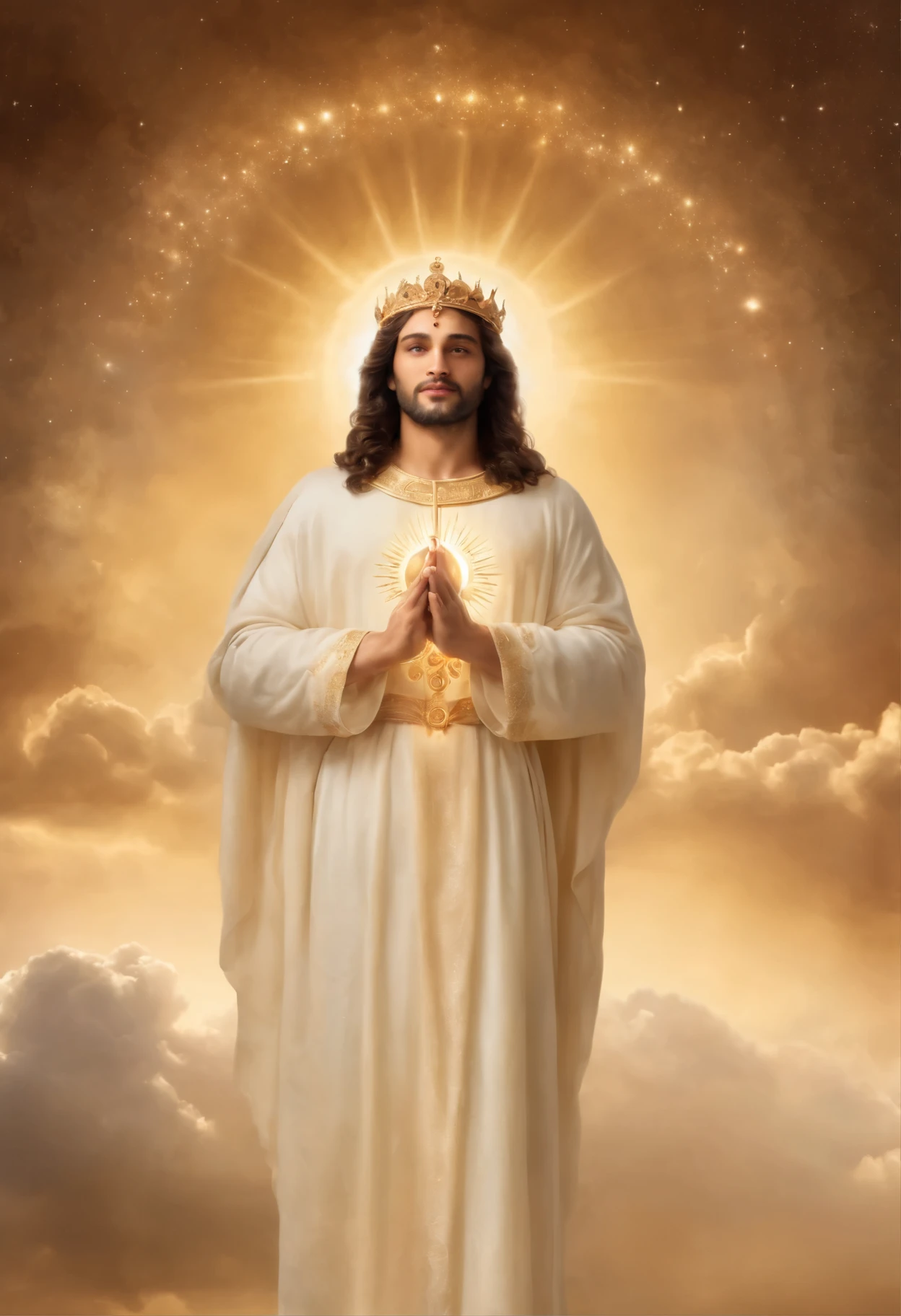A heavenly representation of God, manifestando-se como uma figura masculina de grande poder e bondade. God is portrayed as an imposing being, with an aura of golden light emanating from His divine presence. Its shape is robust and majestic, with traits that reflect wisdom and authority. He is wrapped in a cloak of heavenly light, cujas dobras sugerem a profundidade de Seu amor e cuidado por toda a humanidade. The background of the image is a celestial scene, with bright stars and ethereal clouds, evocando a magnitude do cosmos sobre o qual Ele governa. God's expression is serene and welcoming, transmitting a feeling of peace and protection to those who contemplate Him. Esta imagem personifica a figura paterna de Deus, inspiring awe and confidence in His divine power.