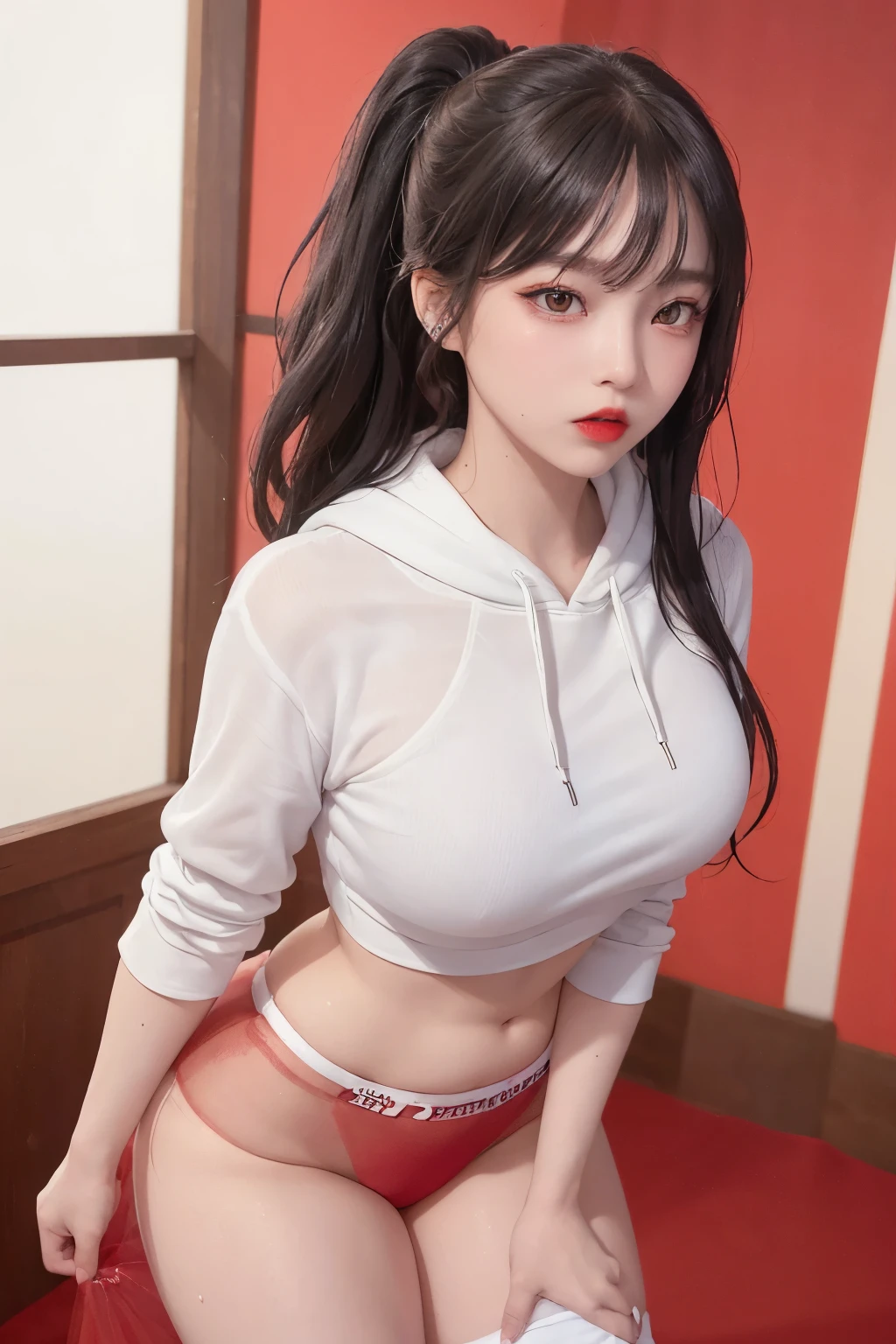 (masterpiece, realistic, high resolution), ((1 girl): 1.2), Korean, ((white wavy hair): 1.3), (heterochromia: 1.1, thick eyebrows,), (white hoodie without front close), ((medium breasts): 1.2, small waist, thigh), catwalk walk, masterpiece: 1.2, best quality), realism, (real pictures, rich detail details, depth of field), (1 girl, solo), makeup, high detail, perfect face shape, (: 1.4), (skin dents), thick thighs, wide hips, thin waist, high, coral, red lips, red eyes, ponytail (girls, shallow tulle, tulle transparent), (sweat: 1.2) , (wet), sexy, blush, (shy expression), sexy crop top, suspenders, belly pockets, flowers on clothes, wearing super tight sexy boxers,