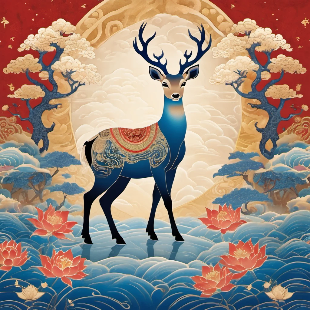 Dunhuang art style illustration,a magnificent nine-colored deer surrounded by auspicious clouds ,（The deer was shining with stars：1.36） Standing in the lotus pond ,extremely delicate brushstrokes, soft and smooth, China red and indigo, golden background