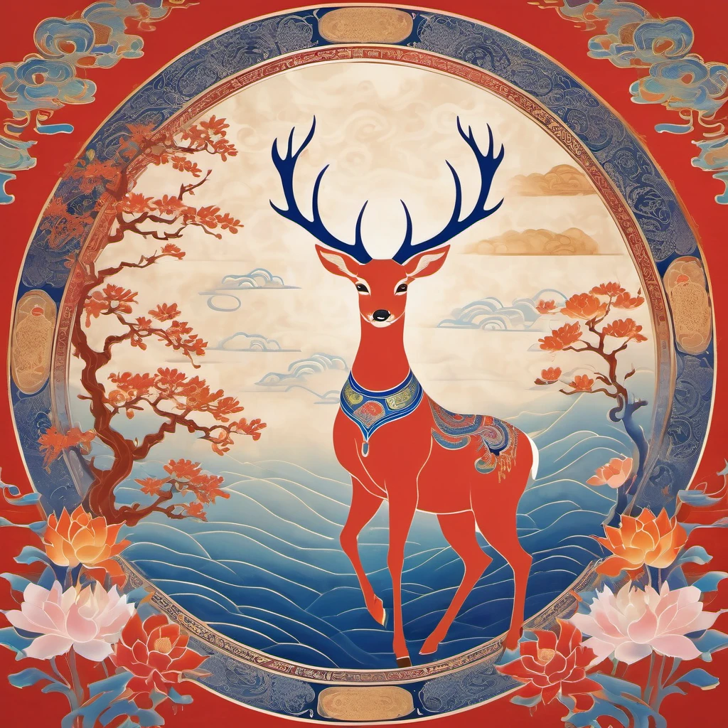 Dunhuang art style illustration,a magnificent nine-colored deer surrounded by auspicious clouds ,（The deer was shining with stars：1.36） Standing in the lotus pond ,extremely delicate brushstrokes, soft and smooth, China red and indigo, golden background