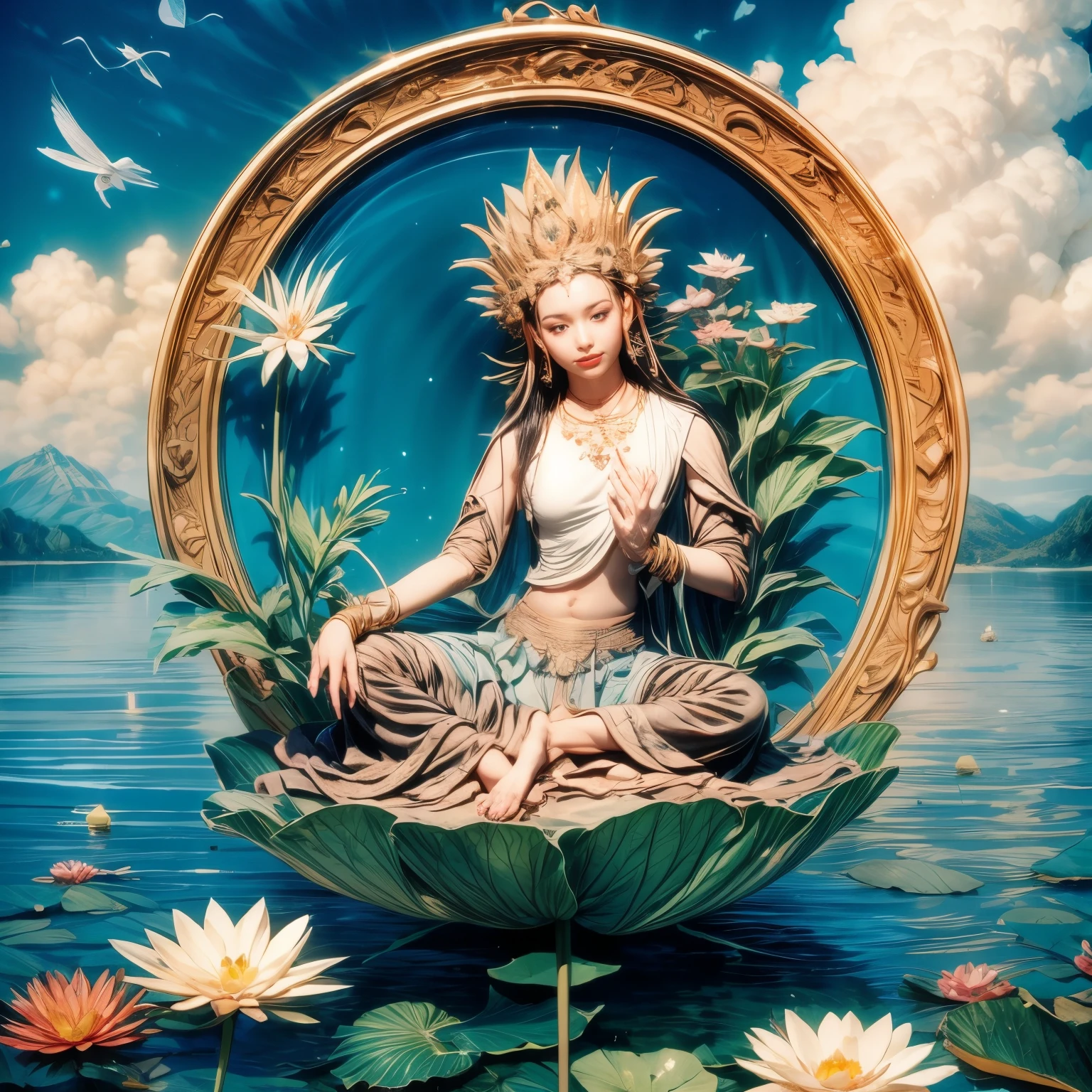 1girl,mudra,lotus pedestal,water,lily pad,cloud,earrings,sky,plant,peacock feathers,meditation,leaf,sky,waves,flowers