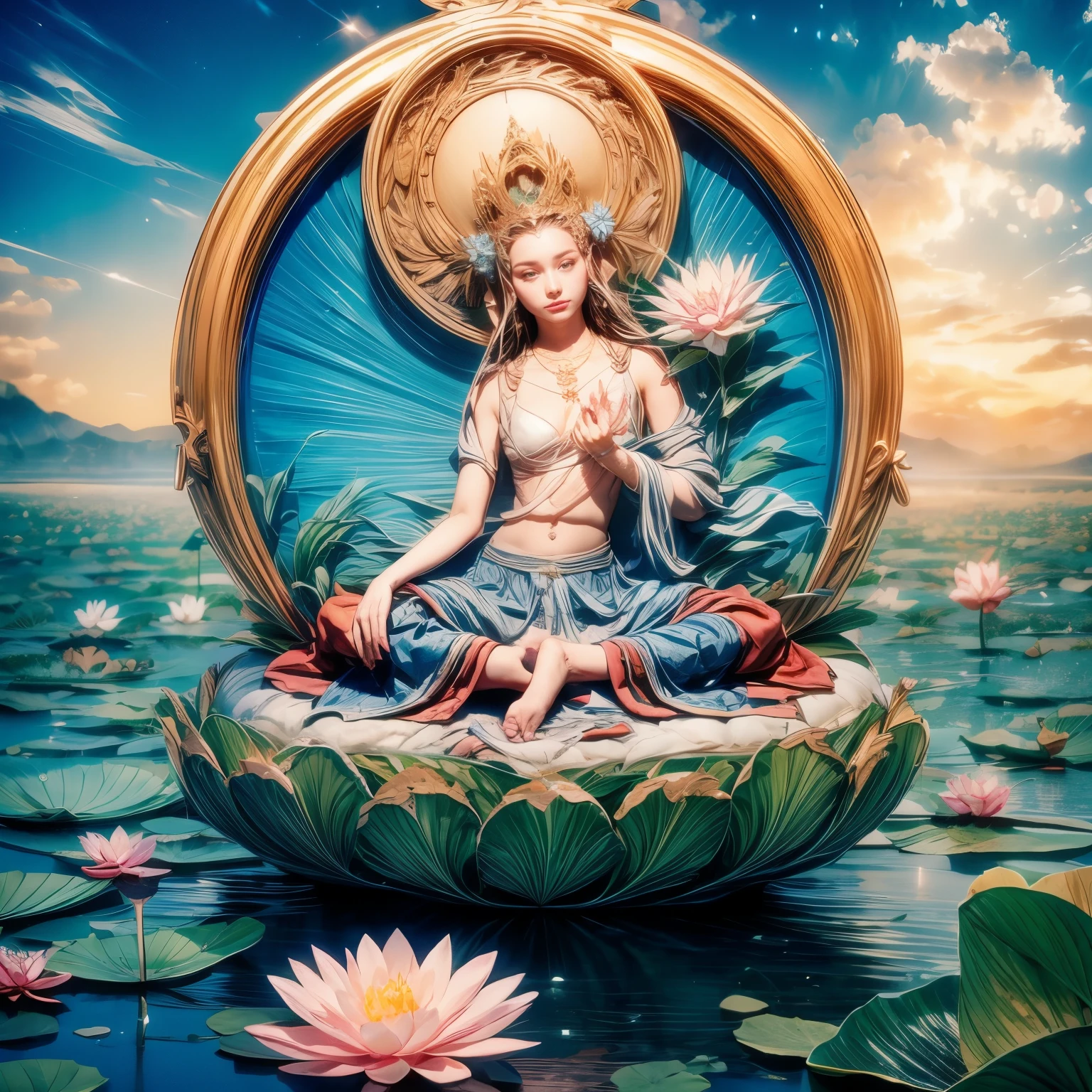 1girl,mudra,lotus pedestal,water,lily pad,cloud,earrings,sky,plant,peacock feathers,meditation,leaf,sky,waves,flowers