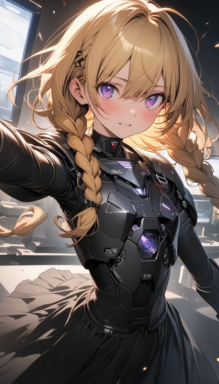 masterpiece, best quality, (super fine illustration:1.2), ultra detailed, fine textured, crisp, perfect design, ideal ratio body proportions, perfect eyes, perfect hand, absurdres, highres, 8K, Ray Tracing, game cg
1 mecha girl, blonde hair, Western style braids, purple eyes, No expression, research institute, monitor,(The skirt is black)、
BREAK
machine armor, machine body, flat chest,
、anime、(Simple Background)、Full Body