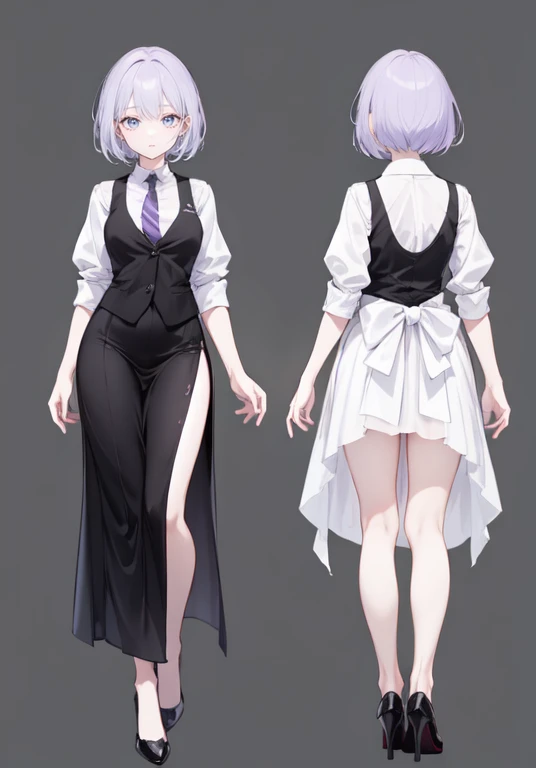((Perfect Face)),Purple Hair,Short Hair,1 female,bartender,,Black vest,tie,Shirt with rolled up sleeves,skirt,slit,High heels,,((Simple light color background)),((smile)),((whole body)),((full body)),Character portrait,Character Sheet,upright,