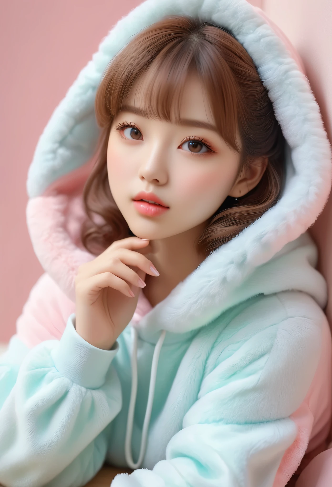 cuteガールフレンドが視聴者をお出迎えします,Blow a kiss to the audience,Wink,Welcome,cute,Adorable,1 Female:20-year-old,cute部屋着:Gelato pique room wear:A fluffy white and pink hoodie,Culottes,The epitome of cuteness,Too cute for my taste,Blurred Background,Focus on the girl,Scrunchie,Beautiful, smooth, shiny brown hair,loves it,highest quality,Masterpiece,Super cute,Intricate details,eyelash,The best composition,Anatomically correct,sweetheart,Photos that make the viewer feel light-hearted,Close one eye,Show off your lips,Put your hands forward,relax,pastel colour,Fluffy texture,Clothes made of soft materials,Reality,Realistic texture,3D,8K,Half Japan and half Caucasian,Realistic Skin,Realistic Women,Women&#39;s advertising photo
