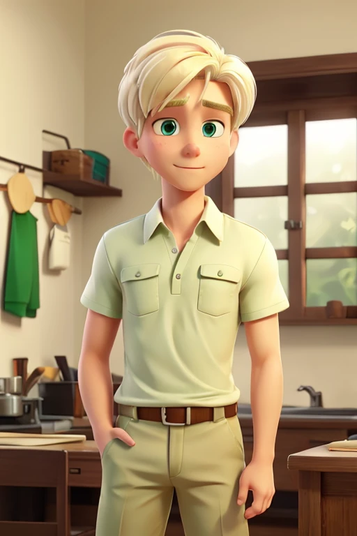 One Man, white blond hair, short hair, green eyes, a white shirt khaki pants