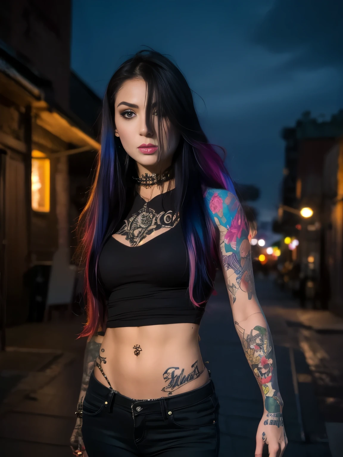 Best quality,work of art,Ultra high resolution,(Realisticity:1.4),original photo,cinematic lighting, 1 girl, (((Ukrainian, blonde,))) Alone, metalhead style, at night under the moonlight, wearing ripped black pants, black clothes, Gothic style, hot body fit, (((skull tattoo )), (( colorful tattoo)), heavy metal style, photography, heavy metal concert background.  realistic, datailed, detailed face, 4K. Night abandoned urban background.