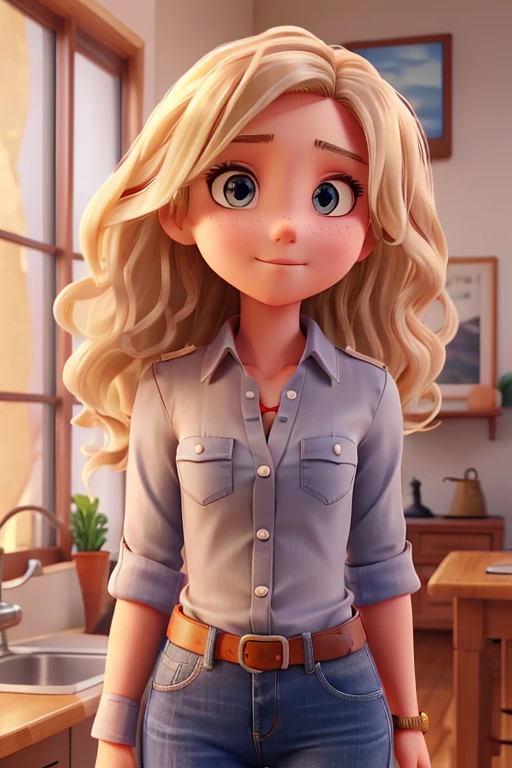One Woman, blonde hair, wavy hair, shoulder length hair, grey eyes, red button down shirt, blue jeans