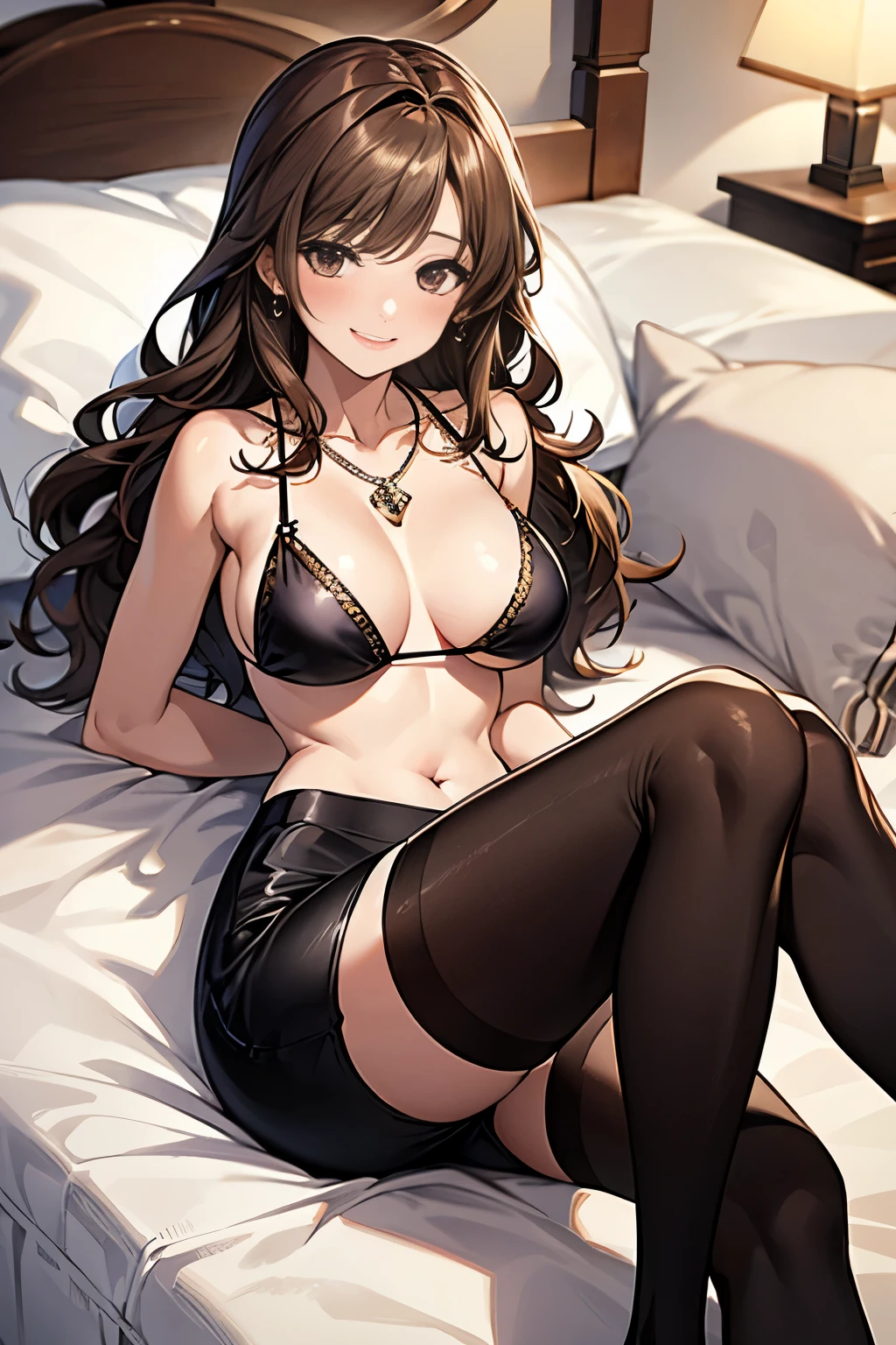 (bikini)、Pencil Skirt、20-year-old girl, Medium sized breasts,, Swelling of the chest、pinching the chest with arms、Brown haired、Long Wavy Hair、Hotel Rooms, necklace、Earrings、Knee-high stockings、 ((Very detailed)), A shy smile、Kamimei、(Perfectly detailed face), (Handcrafted with attention to detail) Photorealistic images、The whole body is visible、Accentuate your butt、Lying in bed
